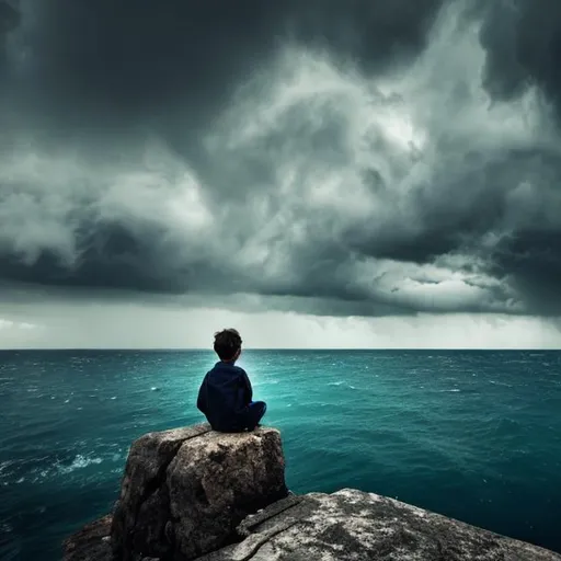 Prompt: A boy sitting on the edge of ocean. Dark clouds. About to rain as the boy is about to breakdown from emotions
