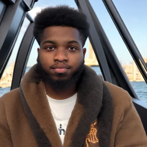 Prompt: a symmetrical portrait of a 22-year-old black YouTube tech reviewer looking complacent in a luxury boat, with a short haircut and a bushy, wiry beard