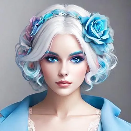 Prompt: A beautiful woman, white hair with pastel highlights, blue eyes, blue eyeshadow, pastel blue roses in her hair, blue jewels on forehead