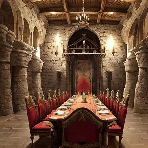 Prompt: Estilo medieval.
Un salon de trono del castillo de un imponente Dragon con una puerta detras del trono y 2 más a los costados