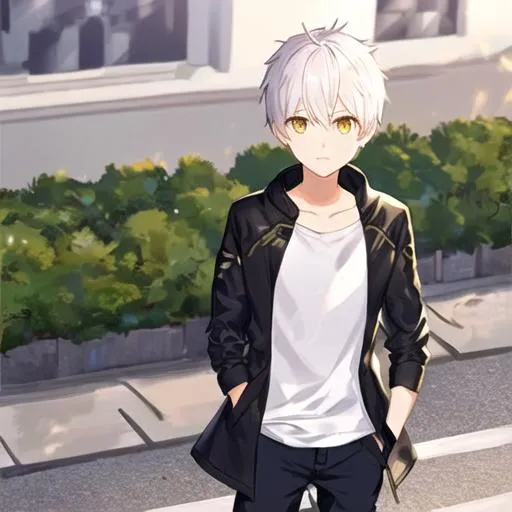 A white haired young anime boy, blindfolded, grey ci