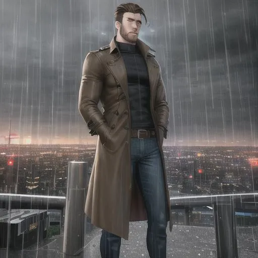 Prompt: Masterpiece, High quality, HDR, Professional, fit gigachad wearing jeans and trench coat with cowboy boots, hunched over, crowd, rain, storm, cold, moody, brown hair, cyberpunk city,