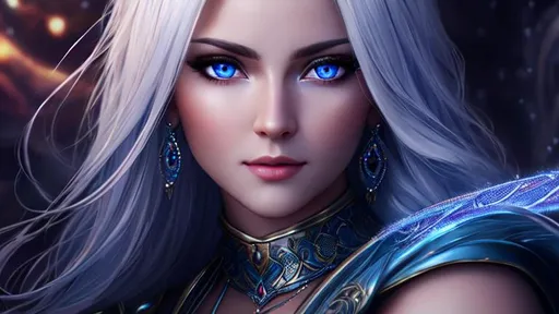 Prompt: oil painting, female, UHD, 8K, Very Detailed, detailed face, full body character visible, goddess warrior with ethereal fantastical skin & white hair, she has visible blue eyes, she wears a short sleeveless dress, holding giant swort