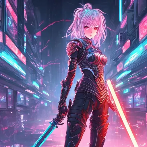 Prompt: Manga, style woman warrior in light armor holding a glowing sword in a futuristic neon lit city at night