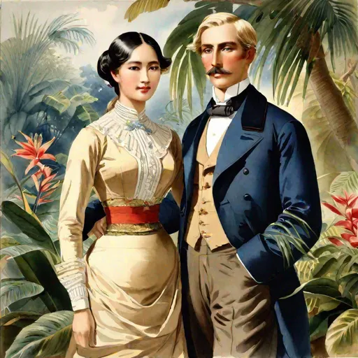 Prompt: (watercolor painting), 1870 portrait, half body, tropical garden, tropical flowers, 2 people (English man, Victorian clothes, oval face, deep-set blue eyes, short wavy blonde hair with side parting, long nose, mustache), (beautiful Indonesian woman, Victorian clothes, round face, high cheekbones, almond-shaped brown eyes, epithanic fold, long wavy black hair, small delicate nose, slightly flattened nose bridge, wide nasal base, light tan skin), style Elizabeth Murray, Watercolor, trending on artstation, sharp focus, studio photo, intricate details, highly detailed, by greg rutkowski