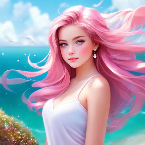 Prompt: Full body Portrait of {teenager love} with {pink} hair and with cute face, { In a beautiful seashore }, full body, perfect composition, hyperrealistic, super detailed, 8k, high quality, trending art , trending on artstation , sharp focus , Realistic background image of beautiful girls hd, intricate details, highly detailed.