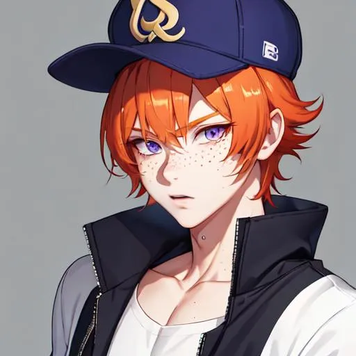 Prompt: Erikku male (short ginger hair, freckles, right eye blue left eye purple) muscular, UHD, 8K, Highly detailed, insane detail, best quality, high quality. wearing a sideways baseball cap, casual outfit