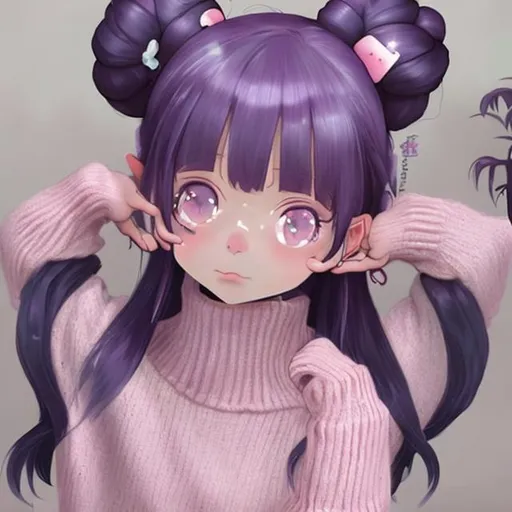 Prompt: A girl with dark purple hair in space buns long with axolotl features and a light pink sweater and light pink eyes anime with a dark headset and elf ears