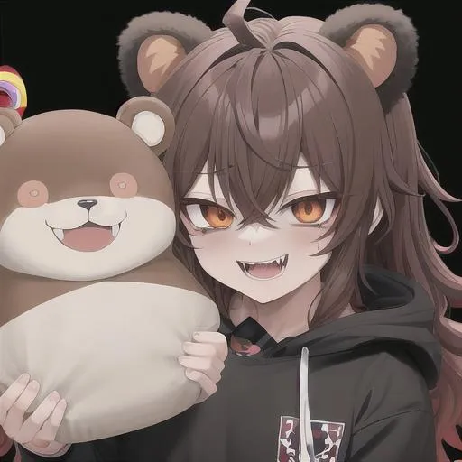 Prompt: insane anime boy with brown, fluffy, wavy hair wearing a cute and cuddly bear style cozy hoodie with bear ears on top, psycho smile and psycho eyes, dull vibrant trippy background, demon behind, zoomed out, fangs, aesthetic mask, scars, no horns, 