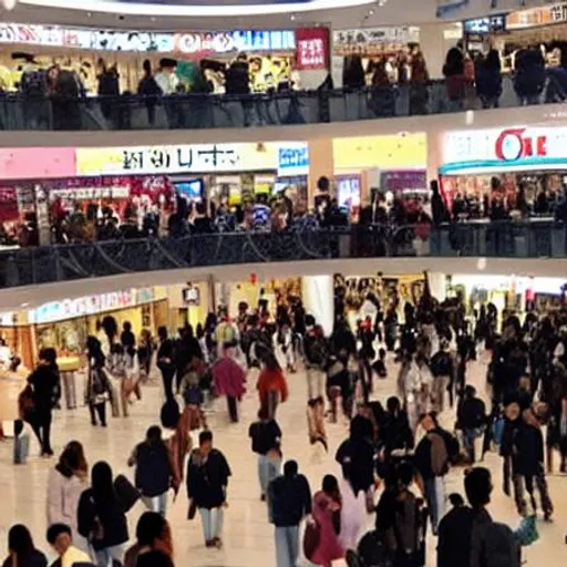 Prompt: Realistic live footage of Japanese mall crowded 