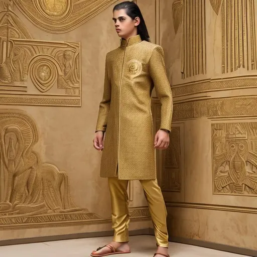 Prompt: A modern youth suit, golden color with Pharaonic engravings