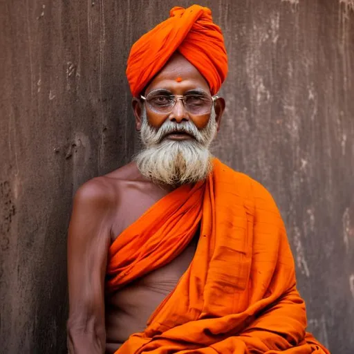 Prompt: An indian old monk wearing orange dress
