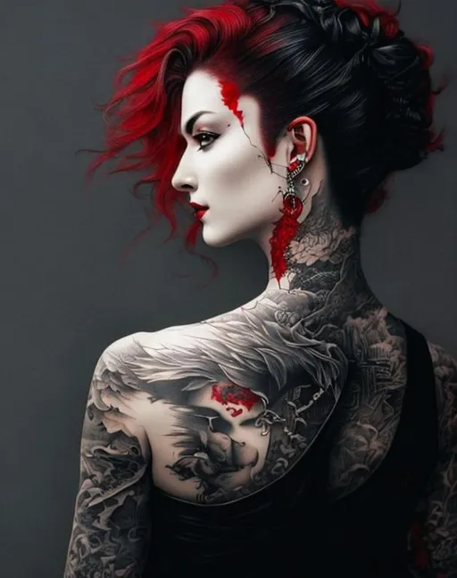 Prompt:  A red-had elegant woman with a gray back tattoo. extremely nice woman's face, pierced nose, piercing. viewed from the rear. the tattoo on her back depicts a wolf. Luis Royo red ink, black ink, blue watercolor - extremely detailed work