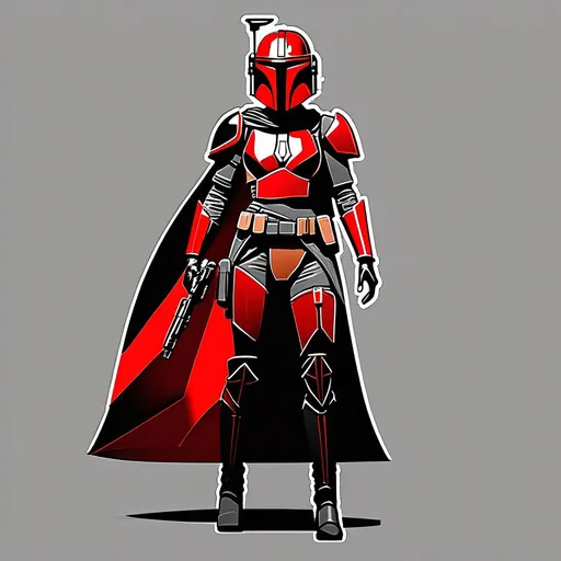 Prompt: black/red female mandalorian, skinny, rectangular figure, concept art, black armour, red detailing, angular, antenna, cape