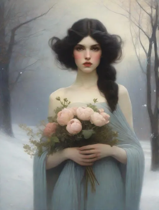 Prompt: Flower growing through snow. ARTIST STYLE: William Waterhouse, Tom Bagshaw Gerald Brom, Raphael,  Sarah Moon