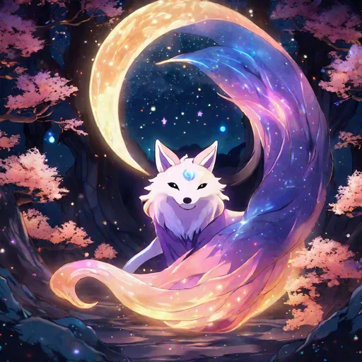 Prompt: A translucent kyūbi no kitsune that is glowing, nebula, glitter, in the den, beneath the stars, bioluminescent, highres, best quality, concept art