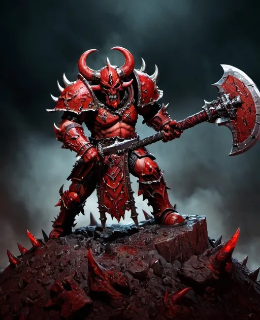 Prompt: warhammer fantasy rpg style Chaos warrior of Khorne in blood-red armor, holding two-handed axe, intricate details, realistic rendering, dark fantasy, brutal and menacing, detailed textures, high quality, dark fantasy, blood-red armor, ominous lighting