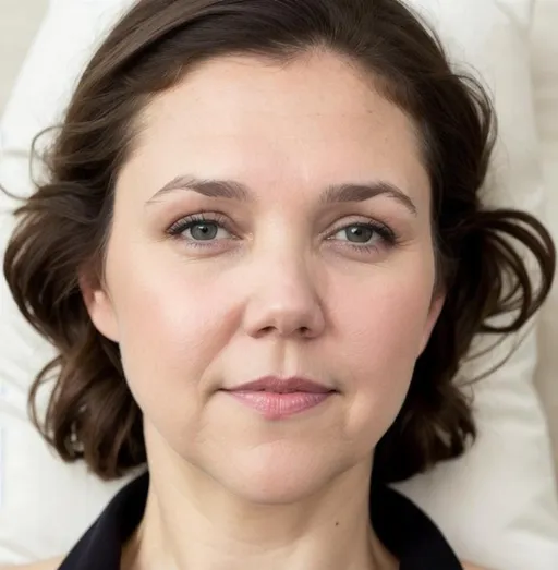 Prompt: Mature maggie gyllenhaal, pale white skin, light makeup, raw photo, HD, realistic, lots of forehead lines, beautiful, perfect eyes, looking directly at me, head resting on pillow, no background other than the pillow, flirty face, direct eye contact, dark eye circles, depressed eye, pretty hair bun, tantra love, maid head band