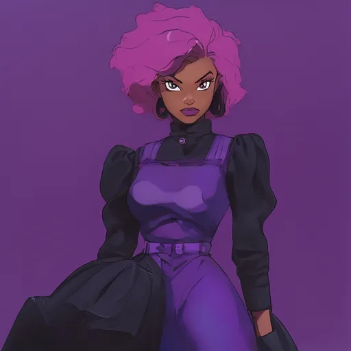 Prompt: 90's anime, cel shaded. A young woman with dark skin and short fluffy magenta hair. She wears a gothic dark purple dress and has purple gloves