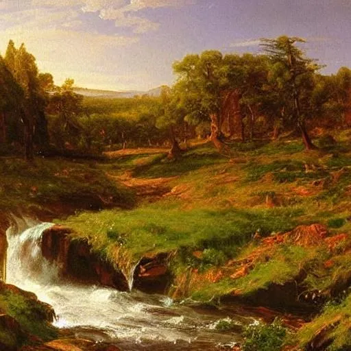 Prompt: sunny landscape with stream, beautiful artwork by Frederic Edwin Church 