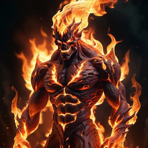 Prompt: Fire elemental engulfed in flames, realistic digital painting, fiery details, high quality, fantasy, intense red and orange tones, dynamic lighting, intricate details, smoldering embers, menacing presence, mystical, magical, 4K resolution, epic, mythical creature, dramatic shadows, immersive