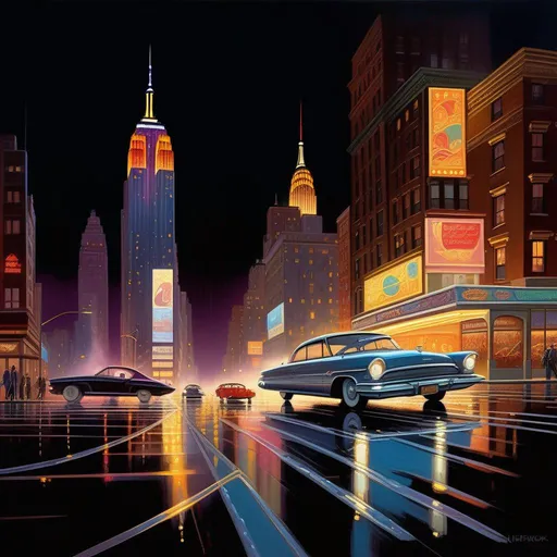 Prompt: 2050s New York at night, futuristic, car chase, rain, warm atmosphere, cartoony style, extremely detailed painting by Greg Rutkowski and by Henry Justice Ford and by Steve Henderson