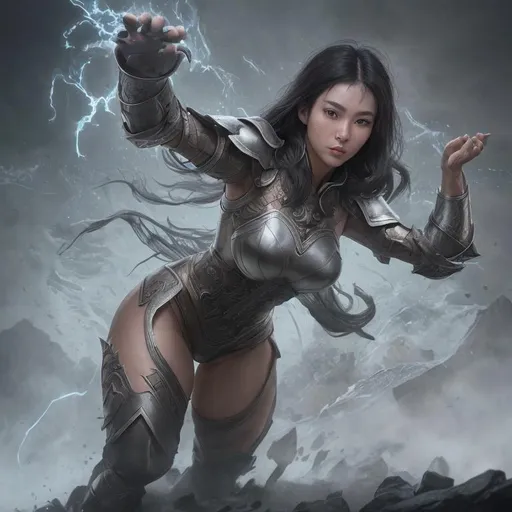 Prompt: Create a mythical east Asian old time battlefield, a female Wizard perfectly symmetrical facial features, hyper clear healthy skin, super detailed dark hair, clean even makeup, ultimate toned and fit physique, ultimate hourglass body, attractive cloth and leather armor, Full body,

HDR, UHD, high res, 64k, cinematic lighting, special effects, hd octane render, professional artist, studio lighting,

by Artstation illustrators, by DevianArt illustrators, intricate details, face,  full body portrait, headshot, illustration, UHD, 4K