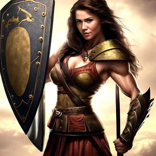 Prompt: An attractive lady with pre historic dressing holding a shield and spear brave looking at us with confidence long hair muscular physique 