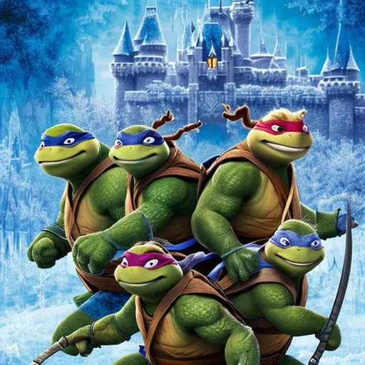 Prompt: ninja turtles in a disney movie poster with Frozen





