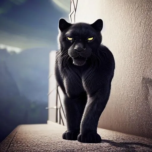 Prompt: 3d fluffy black panther,  cute and adorable, big circular reflective amber eyes, long fuzzy black fur,  unreal engine cinematic smooth, intricate detail, cinematic