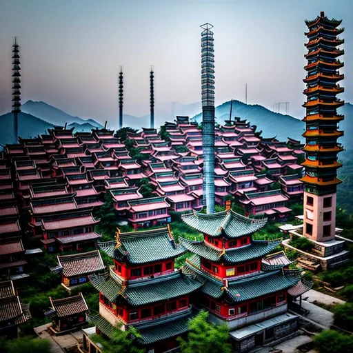 Prompt: In a rustic Chinese town, a cleverly disguised cellphone tower takes the form of a minimalist pagoda. Its roof corners and eaves are adorned with abundant telecommunications equipment, seamlessly blending into the surroundings. While harmoniously camouflaged, the tower still retains its identity as a cellphone tower. Carefully placed antennae and satellite dishes can be found among its rooftops. The camera, attuned to capturing this intriguing sight, employs a wide-angle lens to encompass the tower and its surroundings. Inspired by the works of contemporary photographers like Fan Ho and Edward Burtynsky, this image showcases the art of blending technology with cultural heritage.