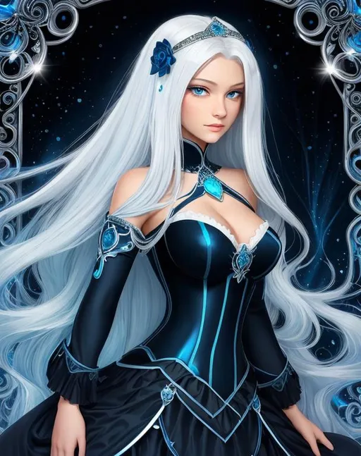 Prompt: A beautiful young 15 year old ((British)) Water elemental princess with light skin and a beautiful face. She has long white hair and white eyebrows. She wears a beautiful slim dark blue dress. She has brightly glowing dark blue eyes and water droplets shaped pupils. She wears a blue tiara. She has a blue aura around her. Beautiful self portrait art. Full body art. {{{{high quality art}}}} ((goddess)). Illustration. Concept art. Symmetrical face. Digital. Perfectly drawn. A cool background. Front view