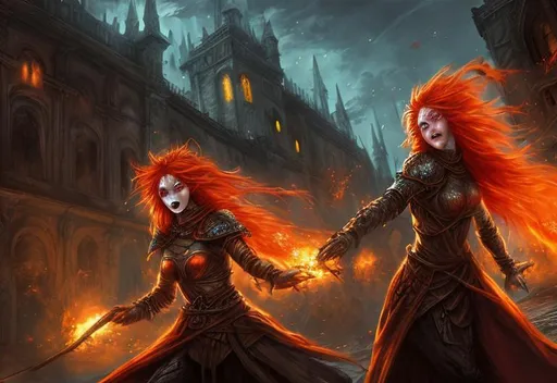 Prompt: realistic fantasy art. a female red haired fire mage at night is attacked by undead in a medieval city 