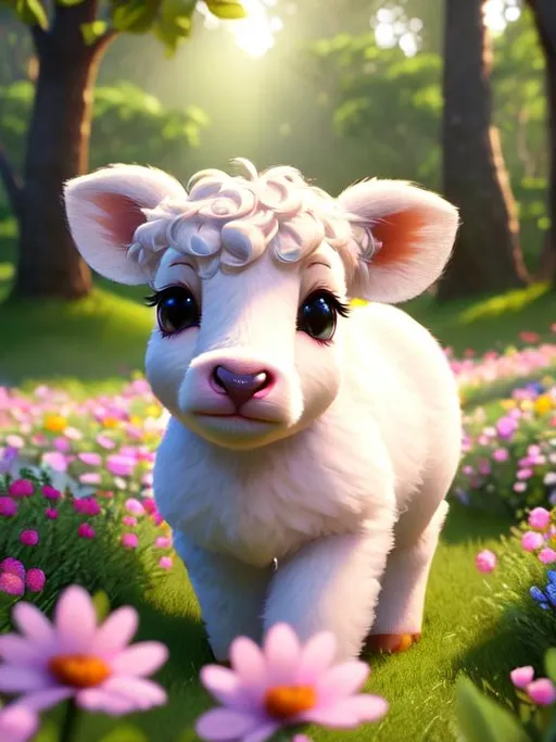 Prompt: Disney Pixar style calf highly detailed, extra fluffy, intricate, big eyes, adorable, beautiful, soft dramatic lighting, light shafts, radiant, ultra high quality octane render, daytime forest background, field of flowers, bokeh, hypermaximalist,