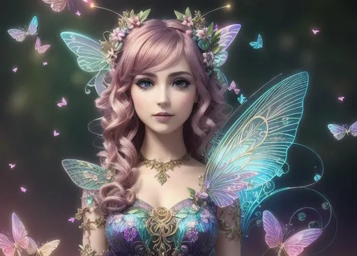 Prompt: professional art colorful 3D illustration, plant abstract patterns, art nouveau patterns, digital art, cgi, hyperdetail, lots of detail, bright lighting, fairy girl with fluttering hair, big expressive eyes, delicate skin, dancing with colorful, beautiful, magic butterflies, pink and gold scale, 4k , high resolution, high definition, darkness