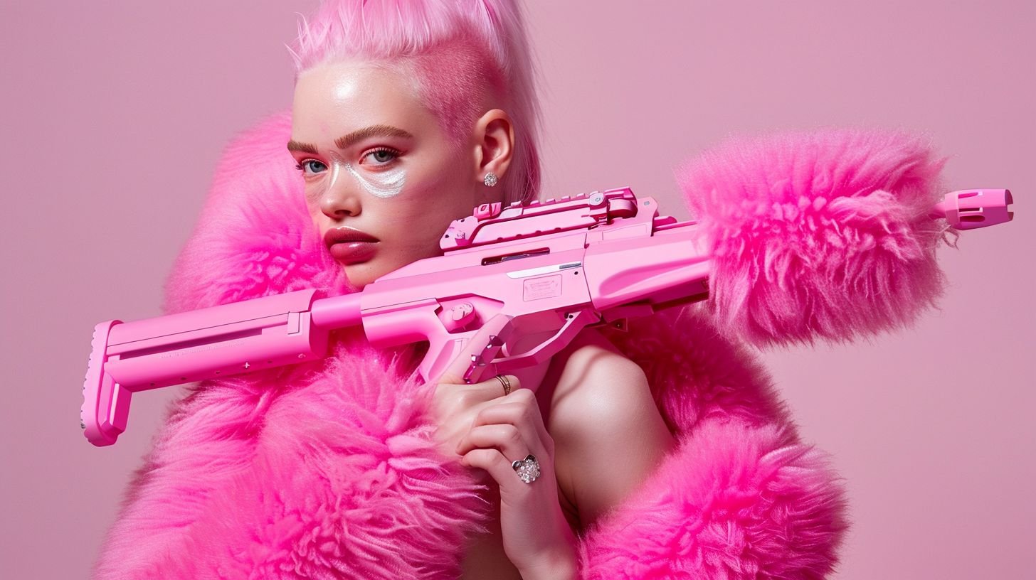 Prompt: high end pink fluffy fur supdermodels pose with pink fluffy fur weapons