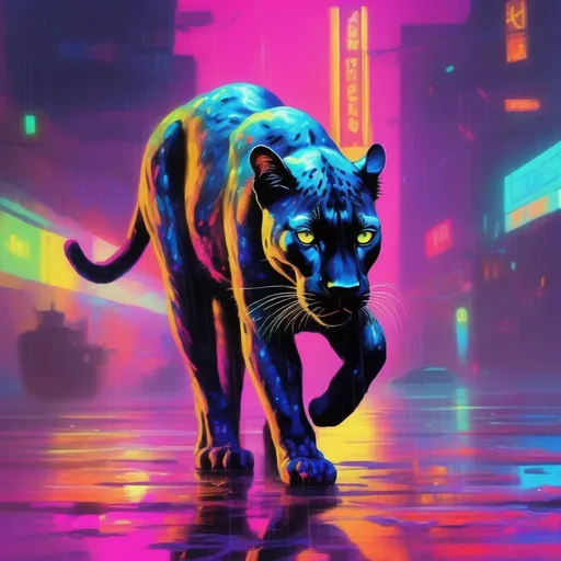 Prompt: A colourful and beautiful panther in the rain in a bright and neon cyberpunk world in a painted impressionistic style