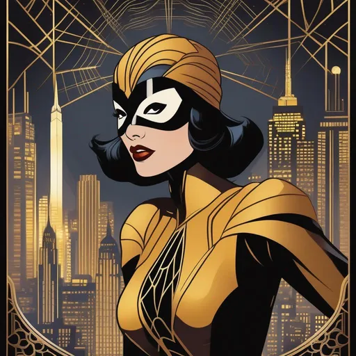 Prompt: Spider-woman with an art deco inspired suit, new york, roaring 1920s, night, masked, golden age comic book style, Marvel, 