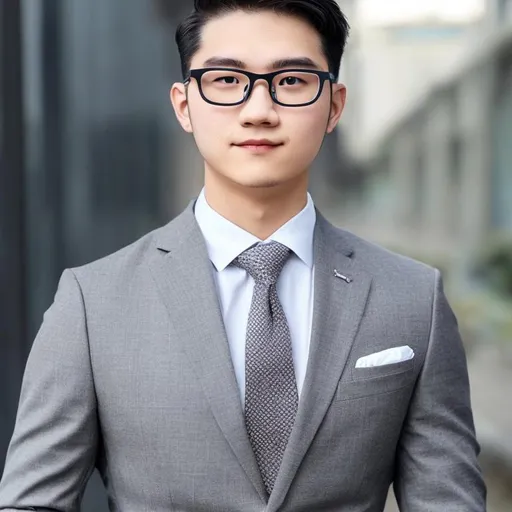 Prompt: Change it to formal profile photo with gray suit, tie and glasses