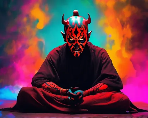 Prompt: Bright colors. vibrant inkpunk style photo of an Darth maul sitting in meditation 