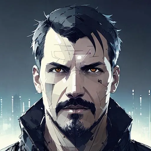 Prompt: collar head and shoulders portrait, man with grey mustache without beard, grey short hair, brown eyes, manga, dramatic lighting, anime illustration by greg rutkowski, yoji shinkawa, digital art, concept art, cyberpunk, blade runner, night city