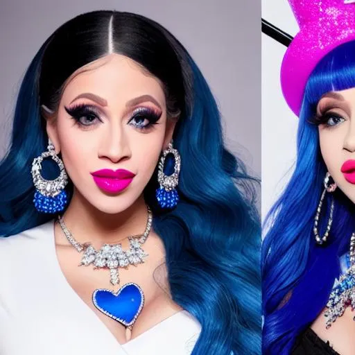 Prompt: Kellyanne Conway and Cardi B with magic cake wands, inside kitchen, blue lipstick, pleasant face, blue eyes, Black eyeshadow, Sugar Hat, ice cream puffy earrings. Blue heart necklace, Cold color scheme, ultradetailed, 8k resolution, perfect, smooth, high quality, shiny. 