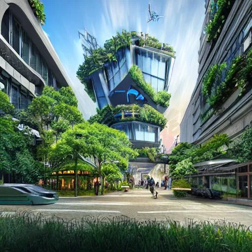 Prompt: photorealistic nature futuristic building front facing in city center Storefront, Cafe, Sunny Day, Realistic, Lush, Green Forest, Many Trees, With A Path, Nature, Wildlife, High Resolution, 4K, Futuristic Dystopian City, Thunder In The Night Sky, Sparks, Realistic, Absurd; early morning, summer, cinematic lighting, detailed digital illustration, procreate, hyper realistic, highly detailed, Singapore inspired, 16k