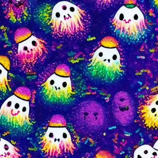 Prompt: Miniature Sequins and ghosts in the style of Lisa frank