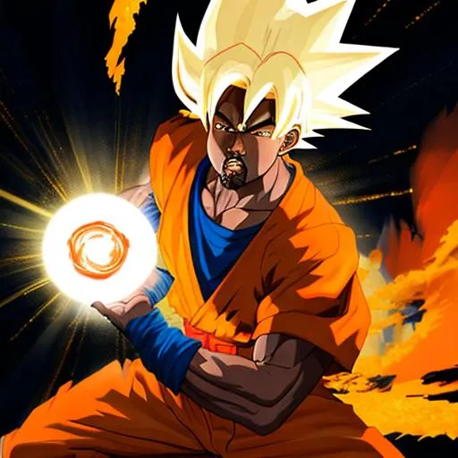 Prompt: kanye west dressed as goku holding a spirit bomb