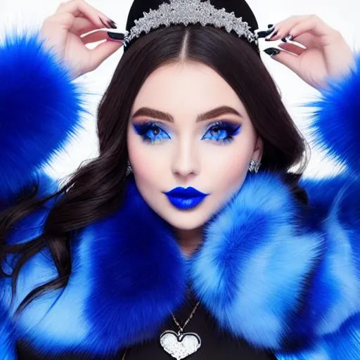 Prompt: Tudor Dixon, soldier, blue lipstick, snowy beach, blue heart necklaces, Thick blue fur coat, Black Cape, pleasant face, blue eyes, Black-purple eyeshadow, long ice earrings. Cold color scheme, ultradetailed, 8k resolution, perfect, smooth, high quality, shiny. 