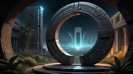 Prompt: magical portal between cities realms worlds kingdoms, circular portal, ring standing on edge, upright ring, freestanding ring, hieroglyphs on ring, complete ring, ancient babylonian architecture, gardens, ruins, turned sideways view, futuristic cyberpunk tech-noir setting, dark night