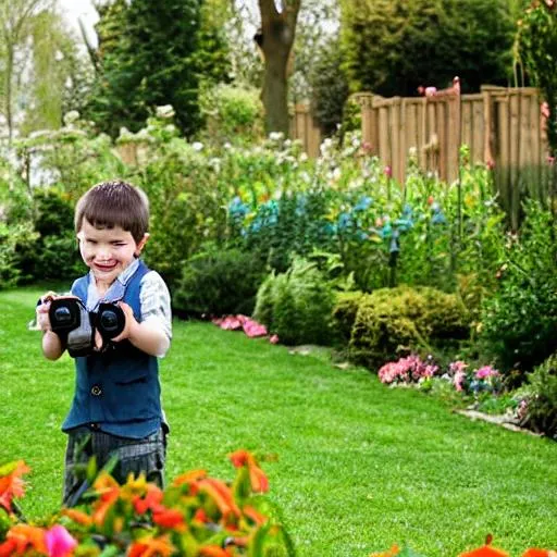 Prompt: A little Boy photographer in a beautiful garden 