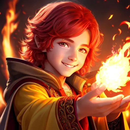 Prompt: oil painting, fantasy, hobbit boy, tanned-skinned-male, beautiful, bright red hair, straight hair, rosy cheeks, smiling, looking at the viewer, summoner wearing intricate robes and casting a fire spell, #3238, UHD, hd , 8k eyes, detailed face, big anime dreamy eyes, 8k eyes, intricate details, insanely detailed, masterpiece, cinematic lighting, 8k, complementary colors, golden ratio, octane render, volumetric lighting, unreal 5, artwork, concept art, cover, top model, light on hair colorful glamourous hyperdetailed medieval city background, intricate hyperdetailed breathtaking colorful glamorous scenic view landscape, ultra-fine details, hyper-focused, deep colors, dramatic lighting, ambient lighting god rays, flowers, garden | by sakimi chan, artgerm, wlop, pixiv, tumblr, instagram, deviantart