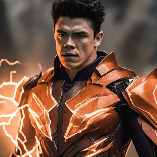 Prompt: Savitar the god of speed orange suit   crystal on his chest
